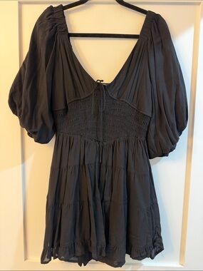 Stitch & Feather Black Puff Sleeve Smocked Waist Mini Dress
